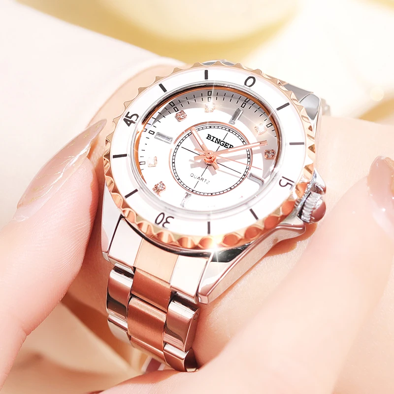 Switzerland BINGER Luxury Brand Japan MIYOTA Quartz Women‘s Watches Luminous Hands Stainless Steel Waterproof Retro Clocks B529