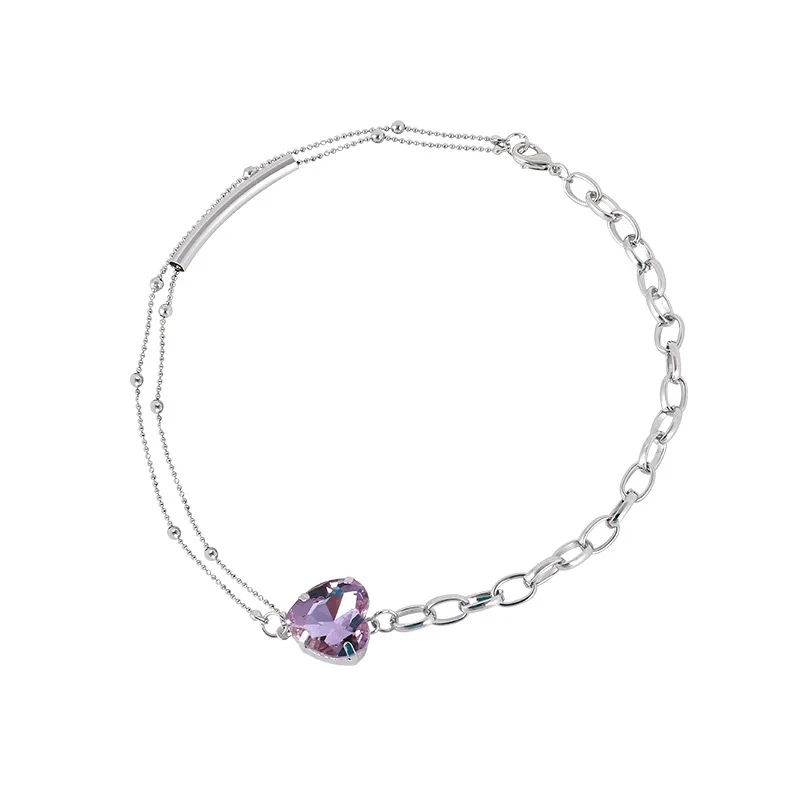 

TIMEONLY Elegant Purple Love Heart Crystal Choker Necklaces Beading Chunky Cuban Hollow Metal Necklaces for Women Party Jewelry