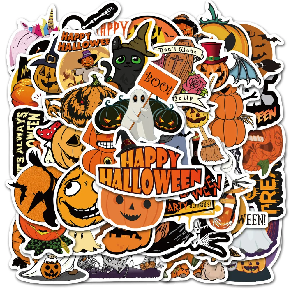 Pegatinas de cabeza de calabaza de dibujos animados, juguetes de decoraci&oacute;n de guitarra impermeables de grafiti para Halloween, 10/30/50 Uds., venta al por mayor-0
