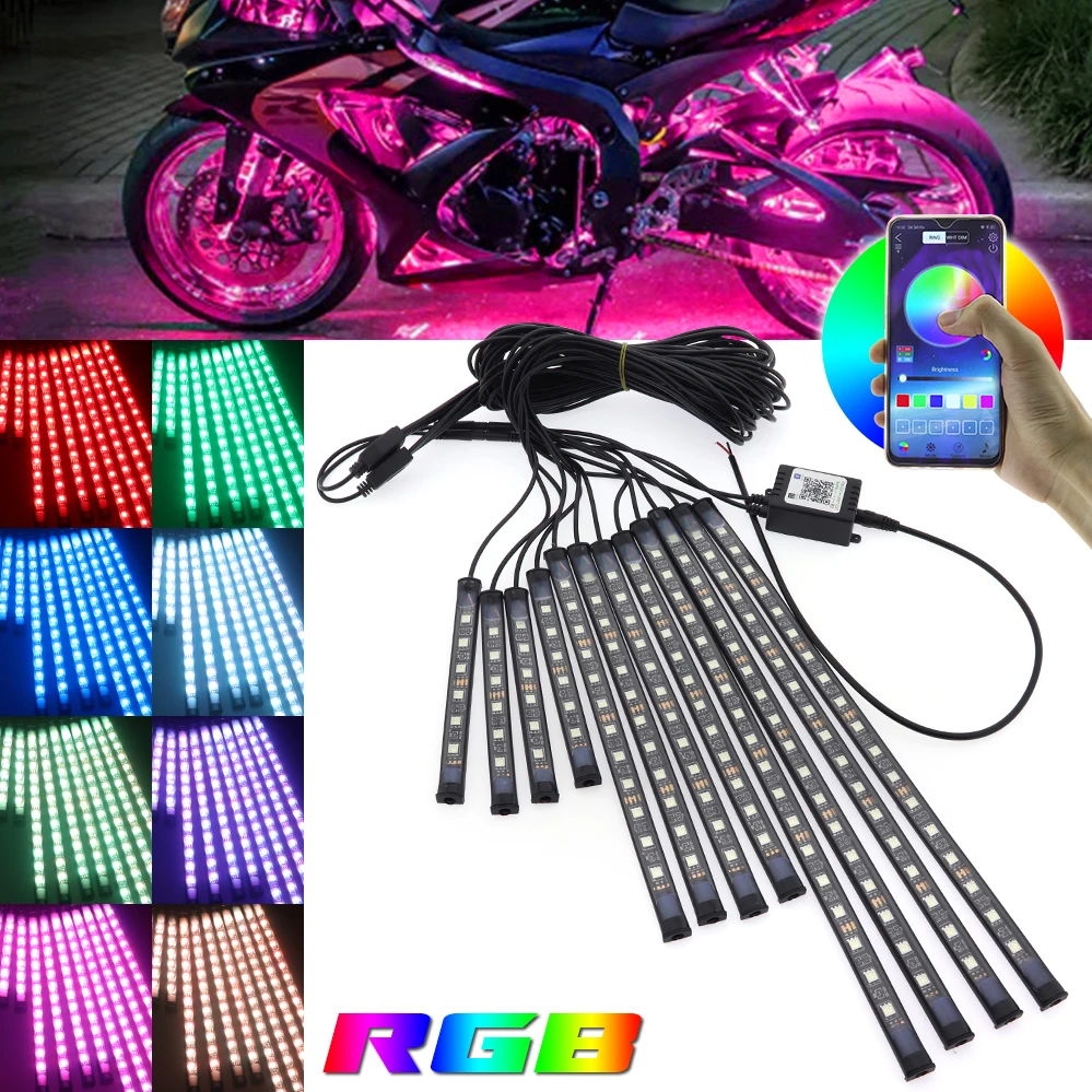 

motorcycle led light strip 12pcs RGB LED Strips Motorcycle Under Glow Light Neon Decor Lamp Kit APP Control.