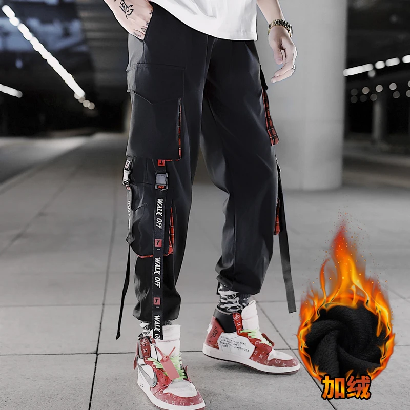 

Мужские утепленные брюки-карго в стиле хип-хоп, свободные бархатные брюки с карманами и лентами в стиле хип-хоп, Осень-зима 2019