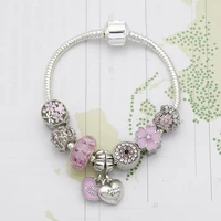 pink flowers love pendant charm bead bracelet diy bead chain