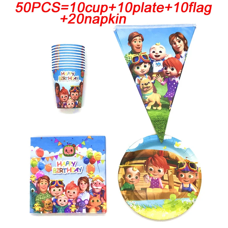 

50pcs/Set Cocomelon Birthday Decorations Flags Banners Family Party Supplies Paper Plates Cup Napkin Disposable Tableware Set