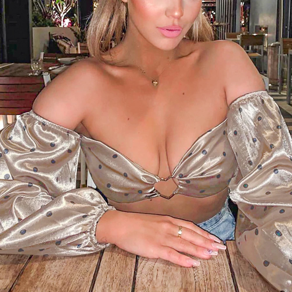 Цвет шампанского сексуальные женские топы в горошек с длинным рукавом коротким и