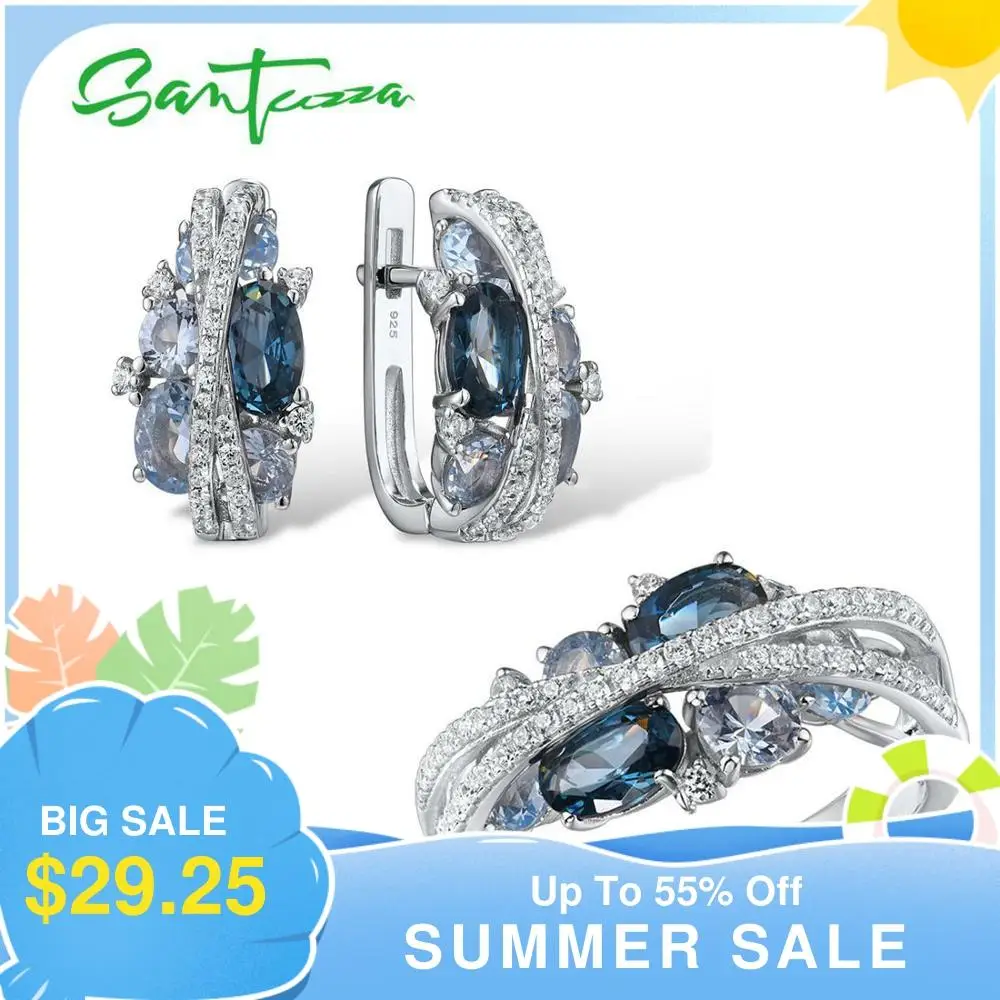 

SANTUZZA Genuine 925 Silver Jewelry Set For Women Sparkling Blue Spinel Earrings Ring Set Delicate Luxury Party Fine Jewelry