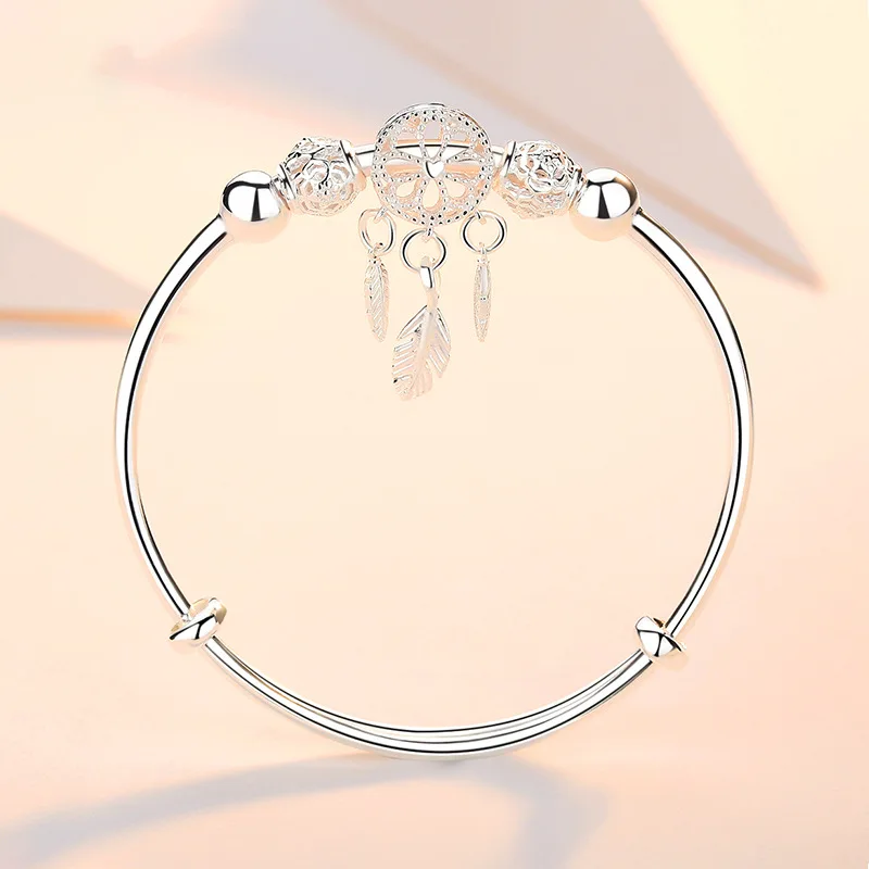 

925 Sterling Silver Plated Bangle Dreamcatcher Tassel Feather Round Bead Charm Bracelet Cuff For Women Adjustable size