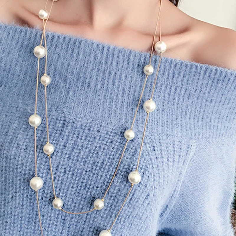 

Long Statement Sweater T-Shirt Gold Faux Pearl Fashion Gatsby Double Layer Necklace Gift 76-85+5cm Extenders Long Necklace