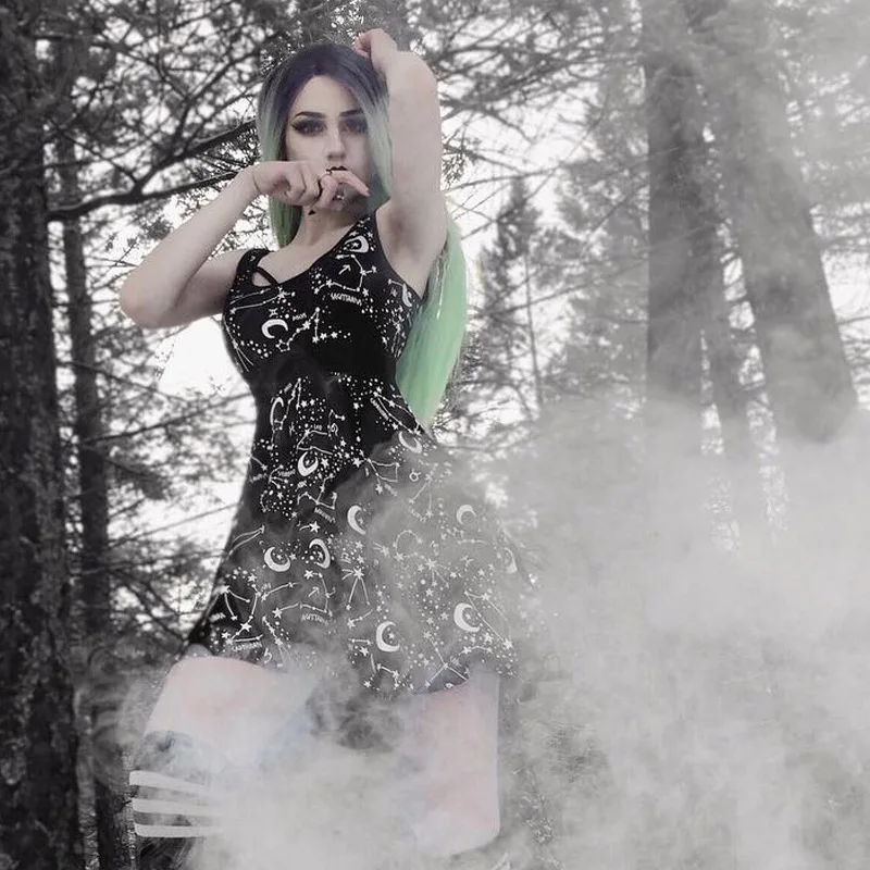 Goth темно-элегантные гранж готические летние платья черное модное платье без