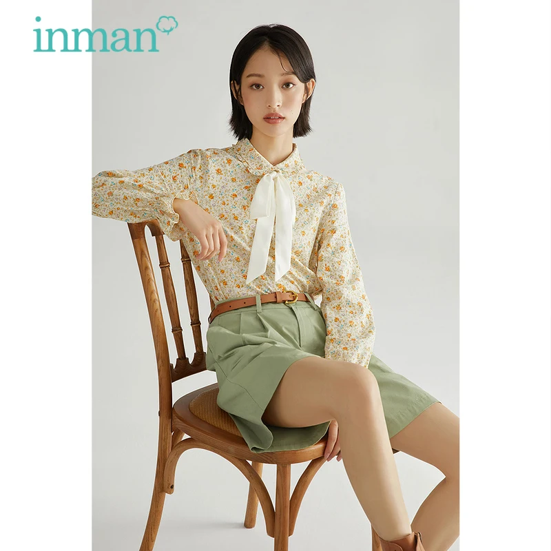 

INMAN Spring Autumn Women's Blouse With Bow-Knot Tie Retro Pastoral Floral Loose Long Flared Sleeves Female's Top