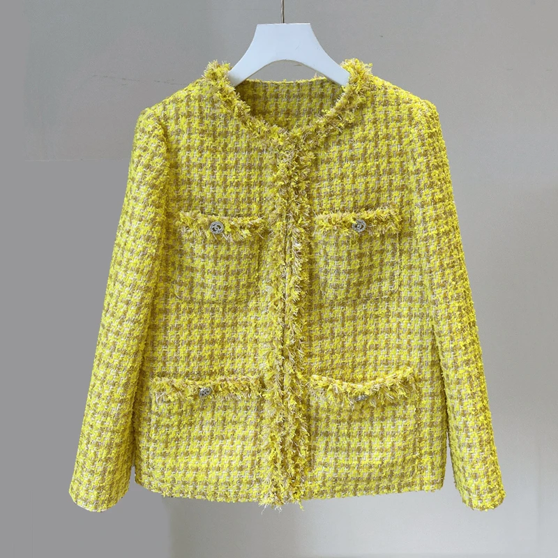 

High Quality Fashion Women Spring Autumn Vintage Elegant Sweet Cute Slim Temperament Tweed Jacket Coat