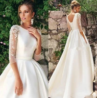 new backless wedding dress crew neck satin applique pearls one line sweep train wedding gown robes de maria