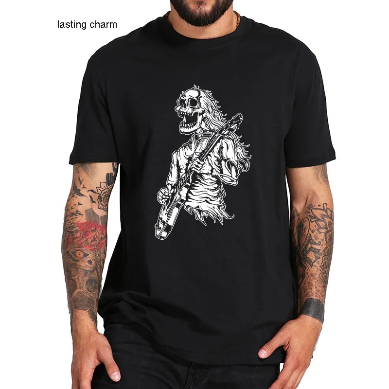 

Vine Ro N Roll Skeleton Guitarist T-shirt Music Love T-shirt Soft Basic T Tops