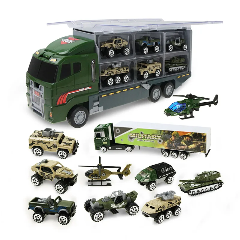 Модель литая автомобиля 1:64 большой грузовик и 10 шт. игрушечных автомобилей из