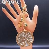 2022 fashion yellow crystal tree of life keyring for womenmen round bag accessories jewelry llaveros para mujer k21s01
