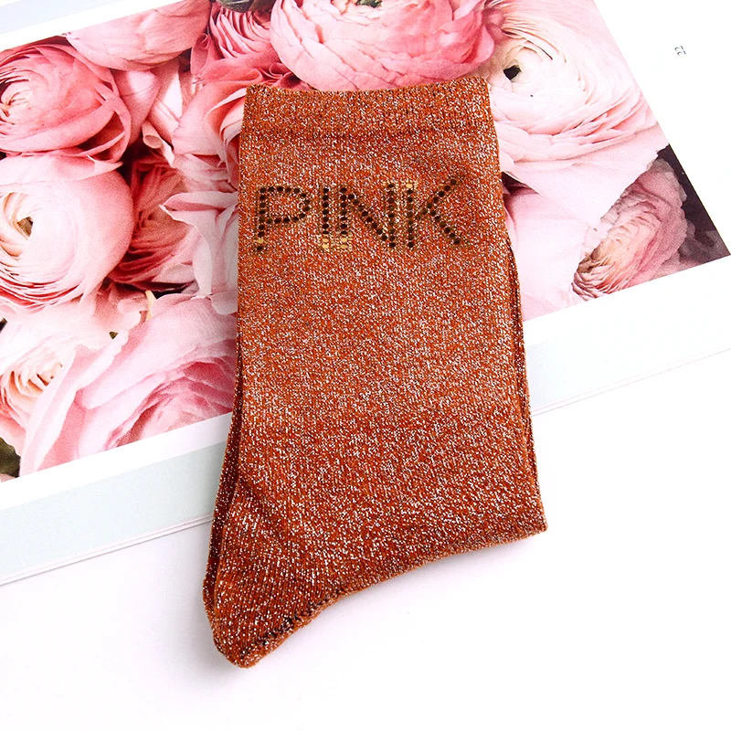 Fashion Women Lurex Glitter Socks Gold Sequins PINK Printed Letter Socks High Quality Casual Women Sexy Happy Socks