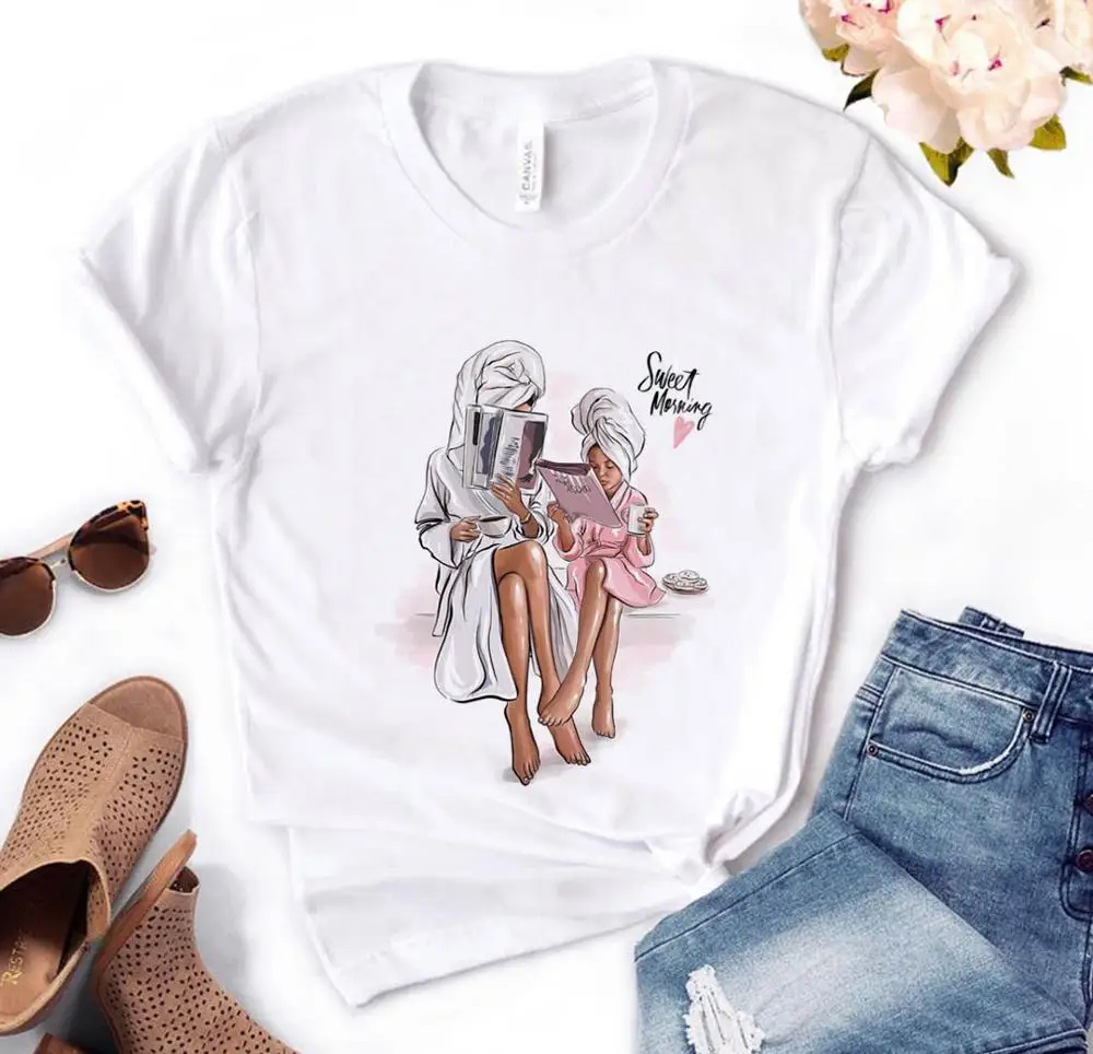 

sweet morning mom and girl Print Women tshirt Cotton Casual Funny t shirt Gift For Lady Yong Girl Top Tee PM-168