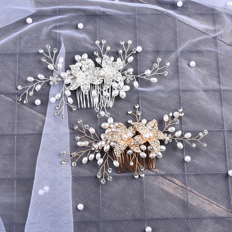 Гребни для волос с жемчужинами и цветами серебристого/золотистого цвета