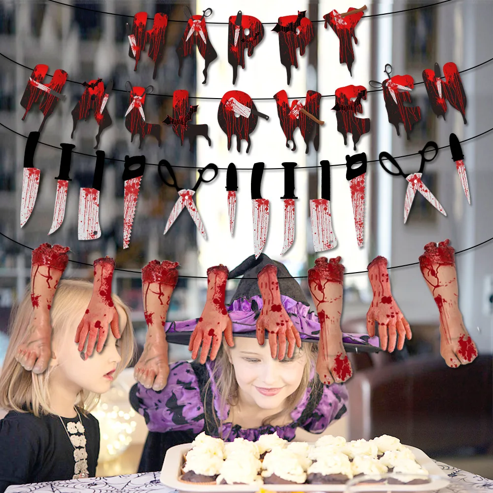 

Ножи с кровью отрезанные вручную ножки бумажный баннер украшение на Хэллоуин призрак Счастливый Хэллоуин украшение для вечеринки для дома