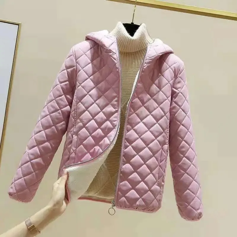 Winter Parker Cotton Clothes Female Solid Color Hooded Zipper Long Sleeve Pocket Thicken Warm Coat Simple Commuter Jacket ZM356