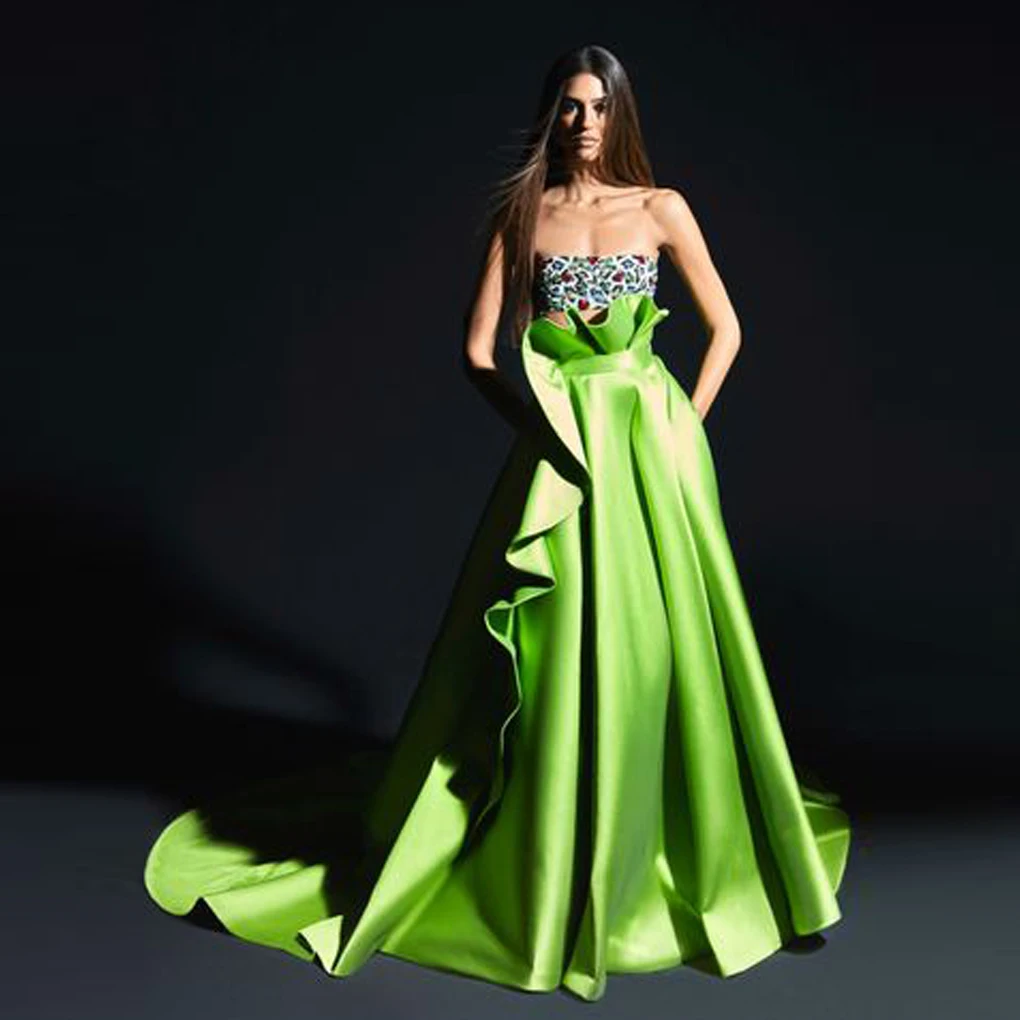 

Floor Length Long Evening Skirts Ruffles Chic Wedding Skirts Bright Green Silk Skirt With Train Women Satin Skirt For Bridal