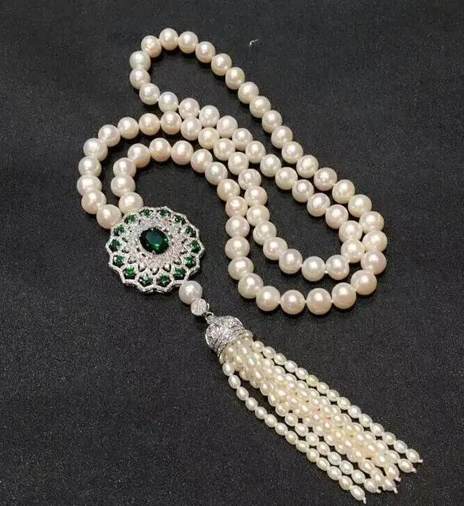

noble jewelry 8-9mm Freshwater white pearl necklace green Crystal pendant