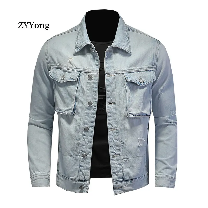 

Spring Bomber Light Blue Ripped Denim Jacket For Men Tattered Jean Coats Motorcycle Casual Outwear Clothing Overcoat