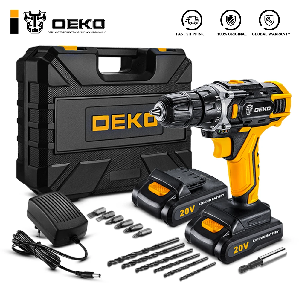 DEKO Sharker 20V Electric Cordless Drill with LED Light Lithium Battery Mini Power Driver for Woodworking Home DIY Screwdriver