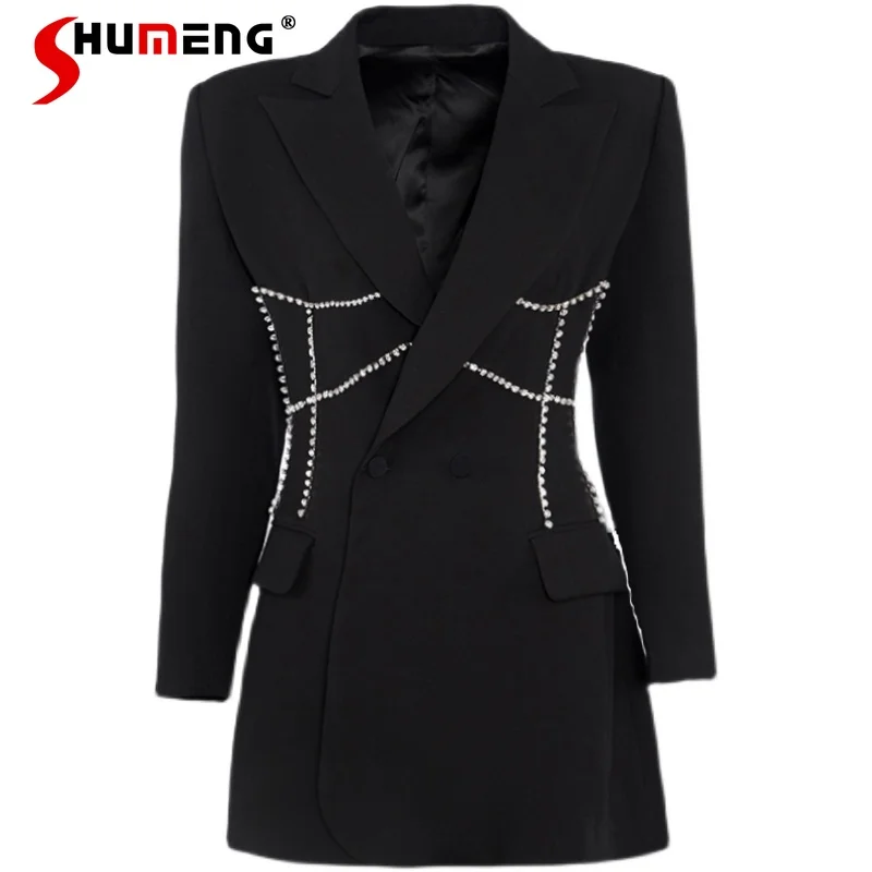 

2021 French Style Design Rhinestone Slim Waist Beaded Mid-Length Suit Women's Autumn Winter Fashion Office Lady Slimming Blazers