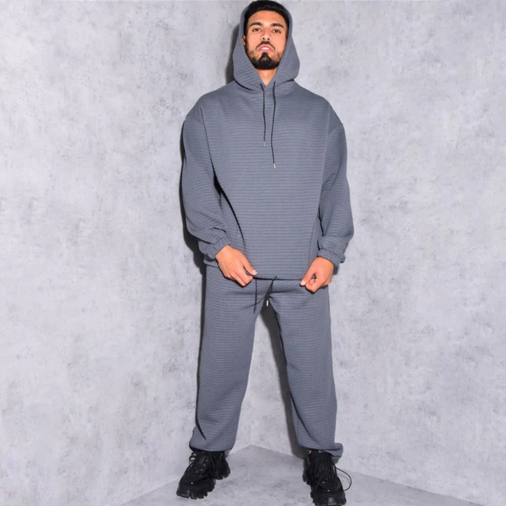 

Осень-зима 2021, мужской однотонный Модный повседневный свободный костюм из двух предметов с капюшоном и длинным рукавом в клетку, простой ко...