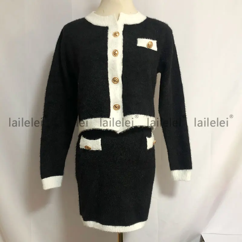 

Chic Buttons knitting Cardigan Crop Sweater Slim Mini Skirt Two-Piece Set Spring Autumn Women's Long Sleeve Vintage Casual Suits