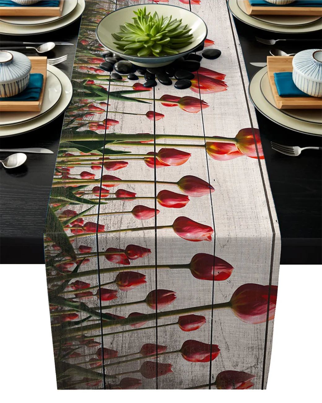 

1pcs Vintage Wood Grain Tulip Flower Modern Table Runners For Wedding Party Chirstmas Table Cover Hotel Home Table Decoration