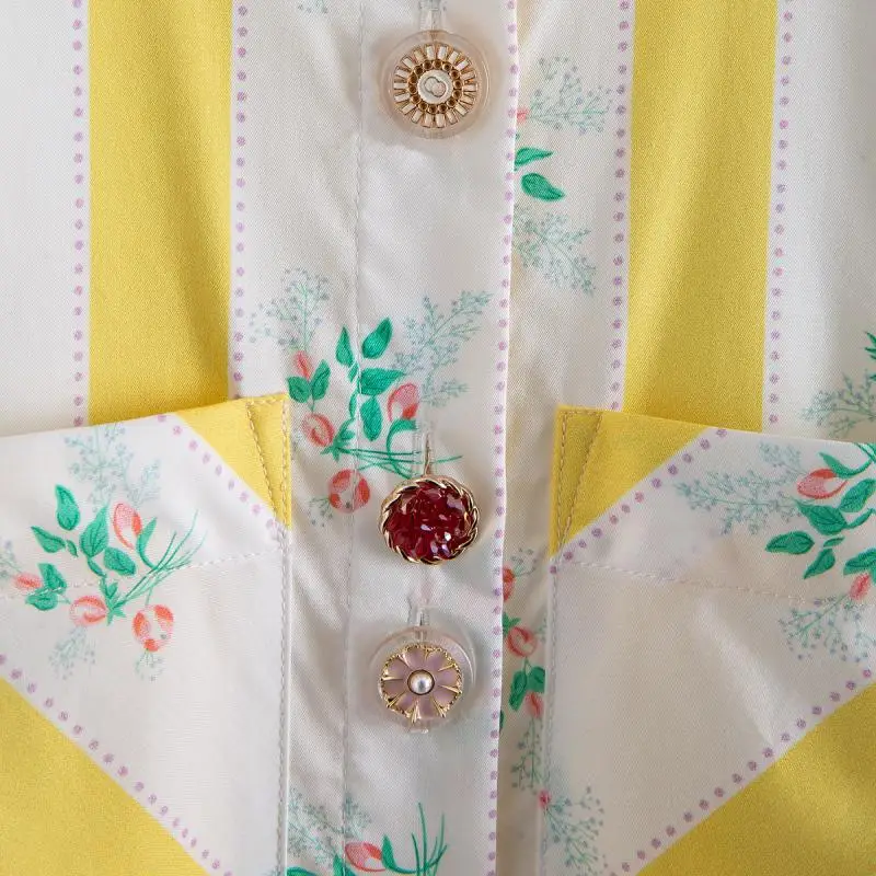 

High Quality Flower Button Vintage Striped Printed Puff Long Sleeve Shirt Women Stand Collar Loose Casual Designer Clothes 2020