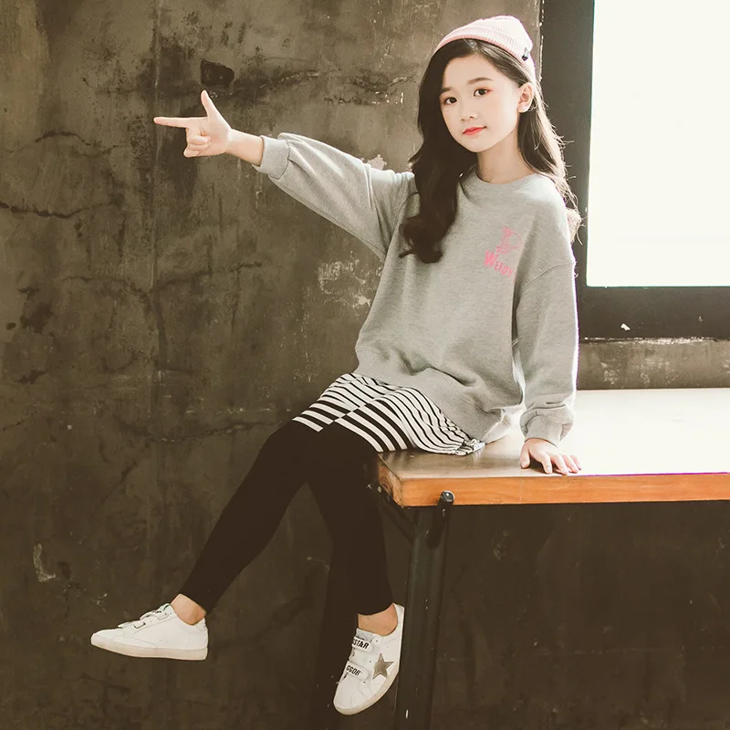 Костюмы для девочек комплекты детей Модные свитшоты в стиле пэчворк пуловеры