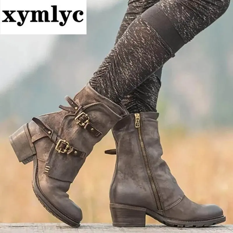 

Autumn Women Shoes Motorcycle Boots Platform Low Square Heel Round Toe Ankle Buckle Handmade Sewing Punk Cool Ladies Female 2020