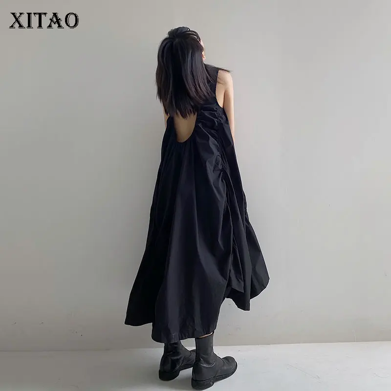 XITAO Fashion Hollow Out Back Dress Solid Color Sleeveless Simplicity Irregular Drawstring 2021 Summer New Trendy Women ZLL5466