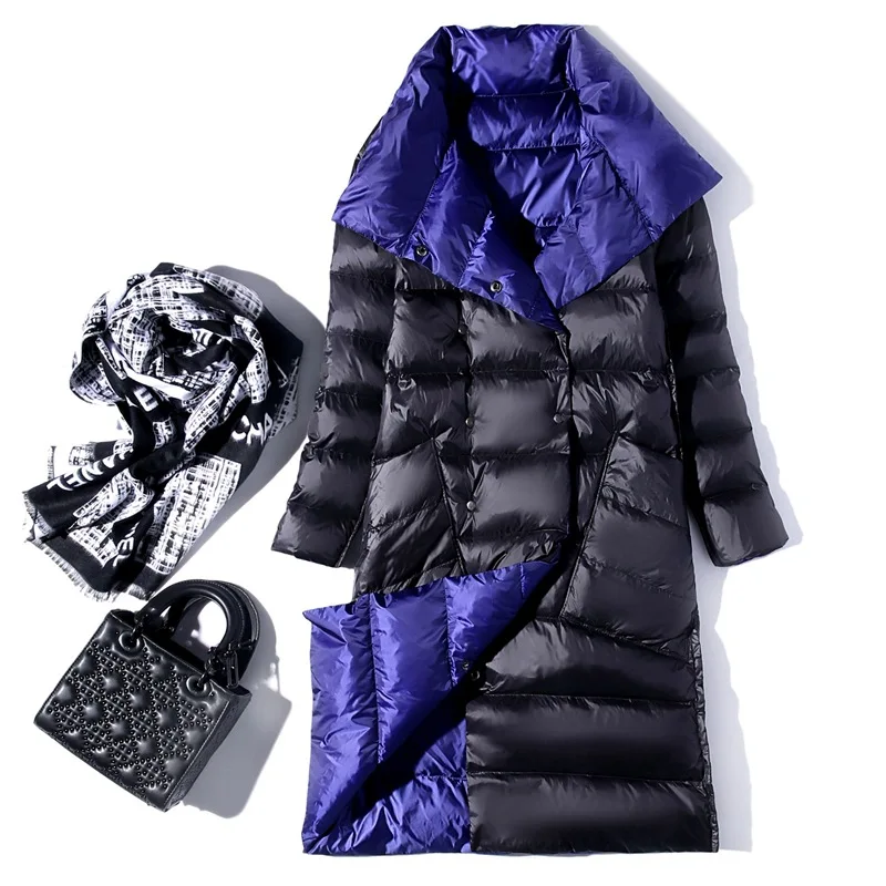 Women Double Sided Down Long Jacket Winter Turtleneck White Duck Down Coat Double Breasted Warm Parkas Snow Outwear