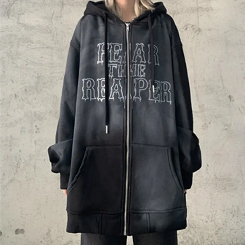 

Dark High Street Retro Hip-Hop Old Gradient Washed Hooded Zipper Cardigan Sweater Men And Women Graffiti Oversize Jacket