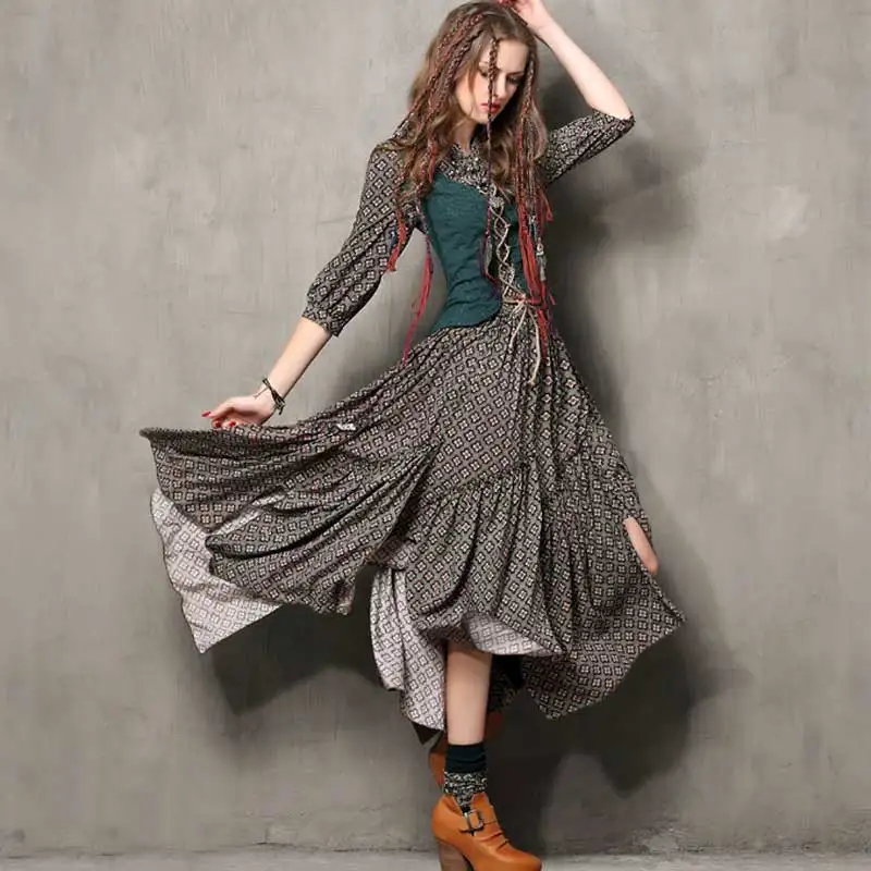 

SALEQI cotton long boho dress floral print asymmetrical embroidery summer dress 3/4 sleeve chic women dress female 2021 new