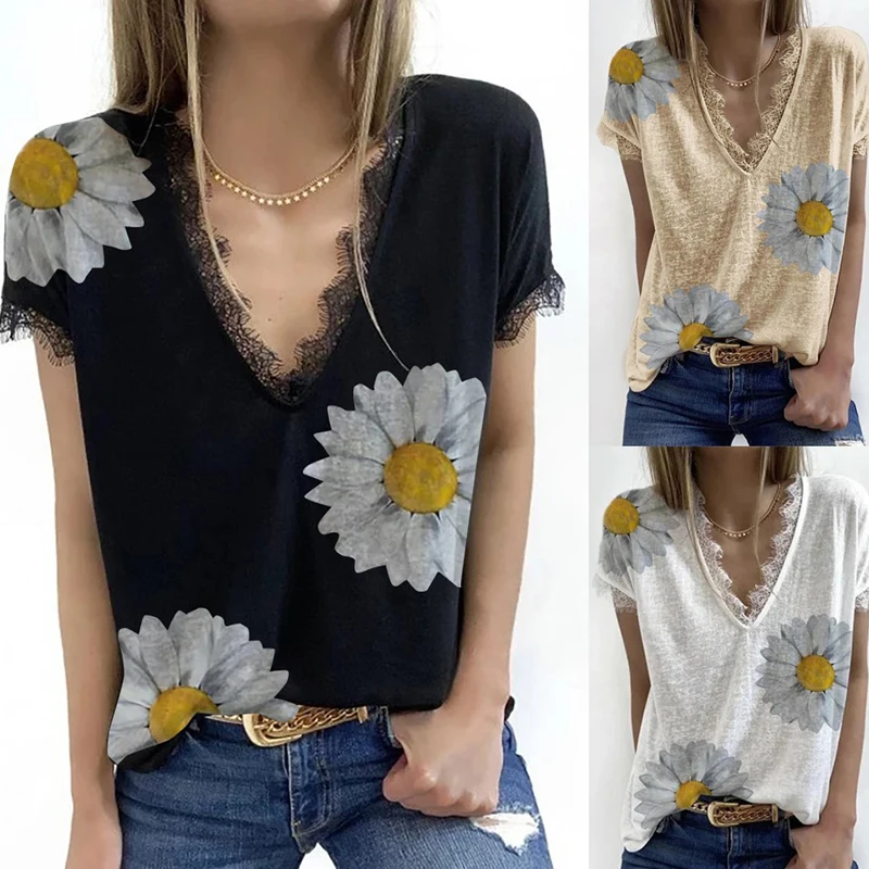 

Short Sleeve Women's T Shirt Floral Printed Casual Loose V Neck Stitching Lace Plus Size Ladies Tees Tops Summer