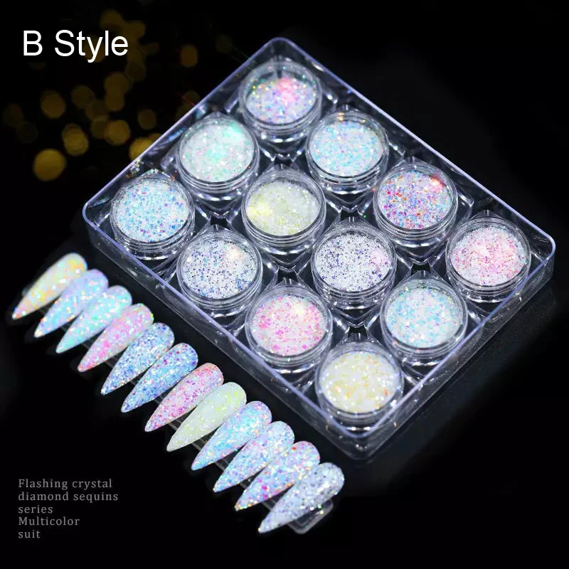 

12Color Holographic Nail Powder Set - 12 Jars Flashing Crystal Diamond Sequins,Glitter Aurora Chameleon Powder,Manicure Pigment