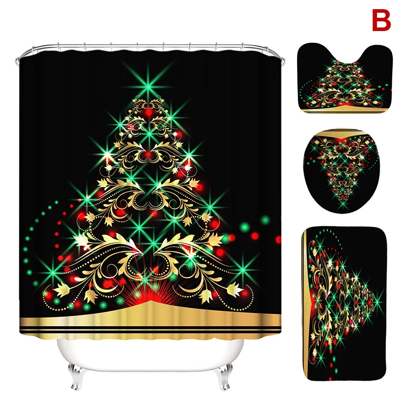 

4PCS Modern Christmas Pattern Shower Curtain Set Mat Toilet Cover Shower Curtain Bath Seat Covers For Bathroom Decor HFing