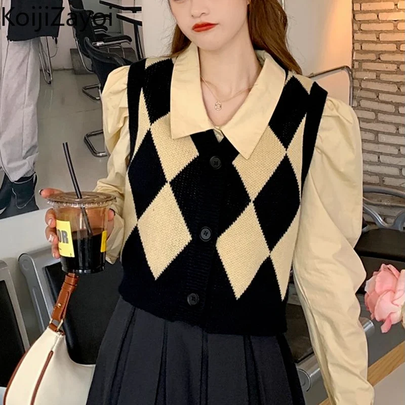 

Koijizayoi Argyle Sweater Vest Women Sleeveless Knitted Sweater+Solid Lapel Shirt Sets 2022 Autumn Preppy Style Female Waistcoat