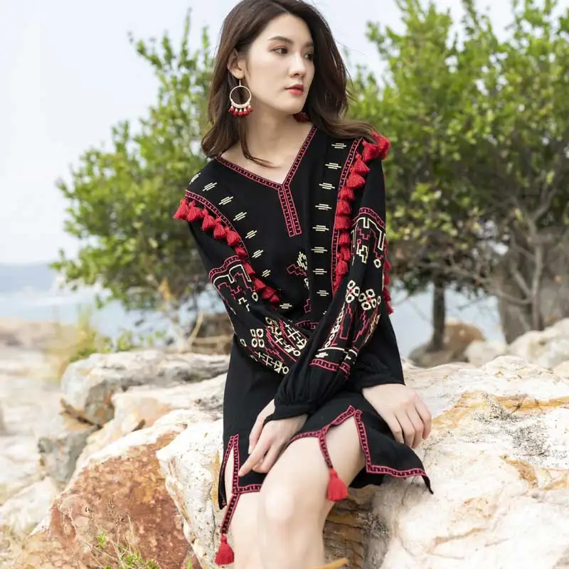 Boho Inspird женская блузка рубашка Ретро Народная украинская вышивка блузки в богемном стиле бахрома с кисточками Топ с длинным рукавом льняные блузы