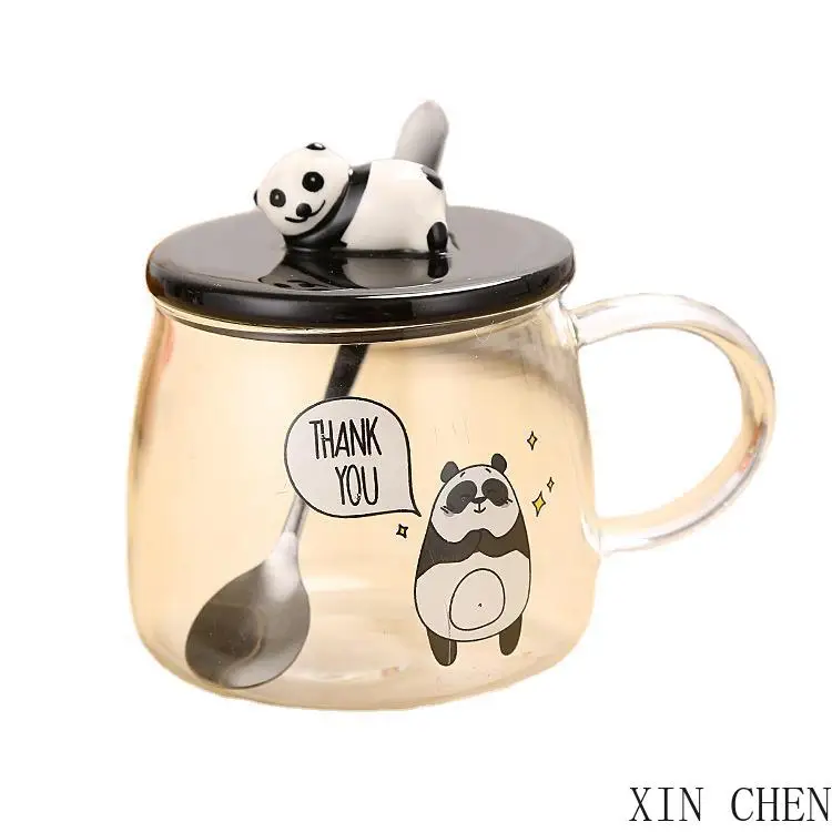 

Ceramic panda glass cup with 3D panda cover water cup with spoon high temperature resistant cup office coffee cup holiday gift