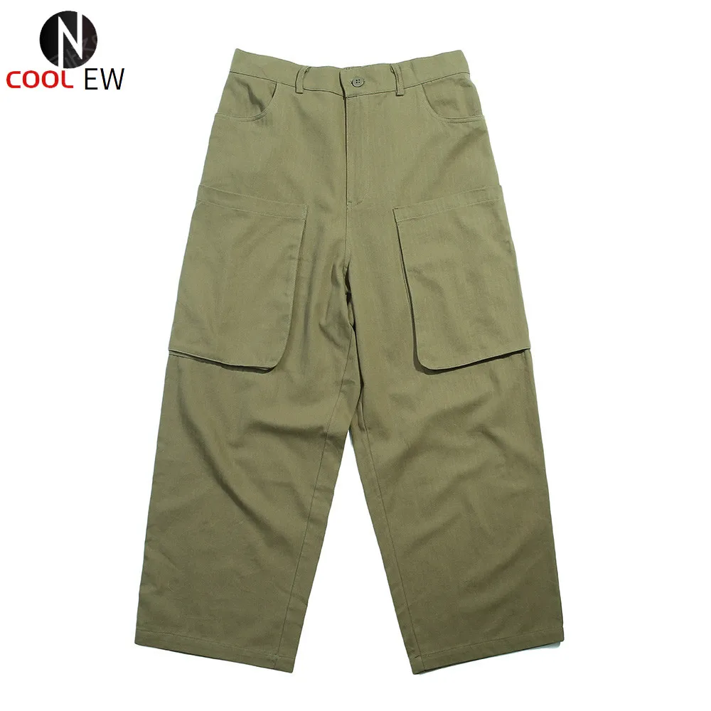 

Multi-Pocket Cargo Pants Mens Safari Style Wide Leg Pants Solid Color Loose Casual Pants Trousers Men