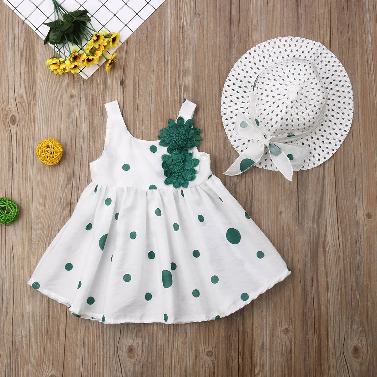 

Summer Newborn Kids Baby Girls Cotton Strap Dot Polka 3D Flower Party Tutu Dress Sundress Causal Dresses With Hat