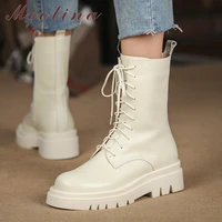 meotina genuine leather riding boots women shoes med calf platform flat boot zipper round toe ladies boots winter 34 42 beige