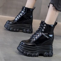height increasing ankle boots women genuine leather round toe platform wedge buckle motorycle boots creepers oxfords high heels
