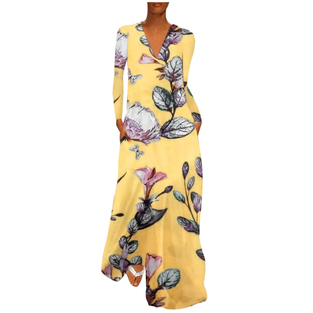 Платье макси летнее с длинным рукавом и V образным вырезом|Женские платья| |