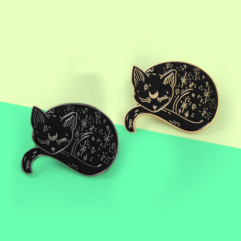 Броши-кошки с изображением спящего кота и Луны эмалированные значки лацкан
